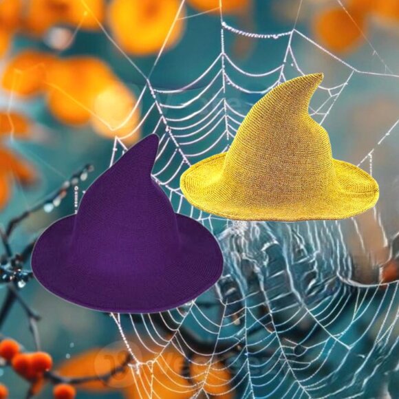 Wizard Witch Foldable Pointed Top Halloween Hats SET of 2 (Purple & Yellow) NEW - Picture 3 of 5